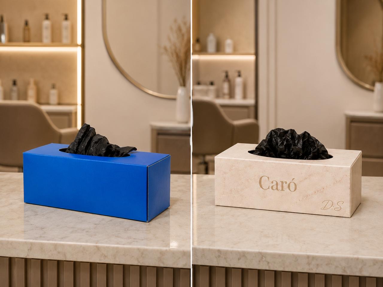 A plain blue glove box compared with the marble-look CARÓ box